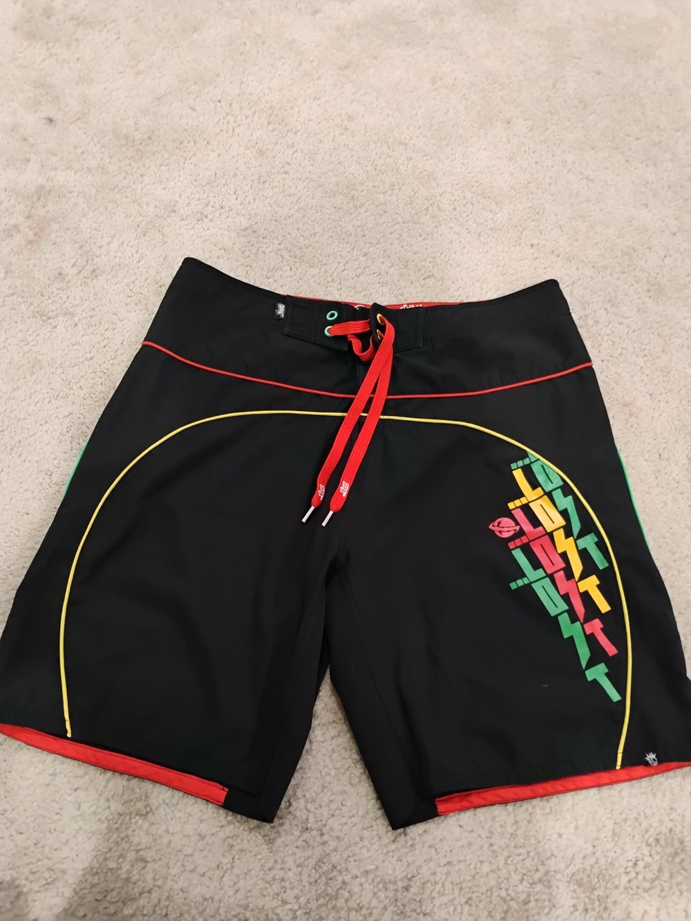 Lost Black Board Shorts with Red Drawstring and Yellow/Green Accents